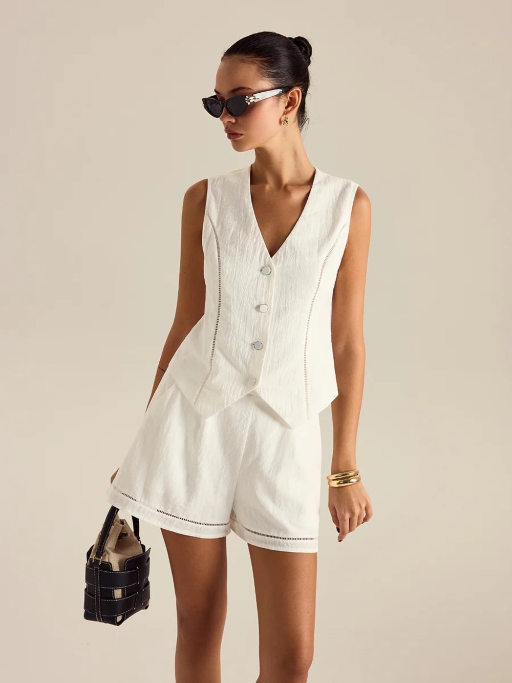 Commense Cotton Button Detail Vest Top With Pockets Shorts Set